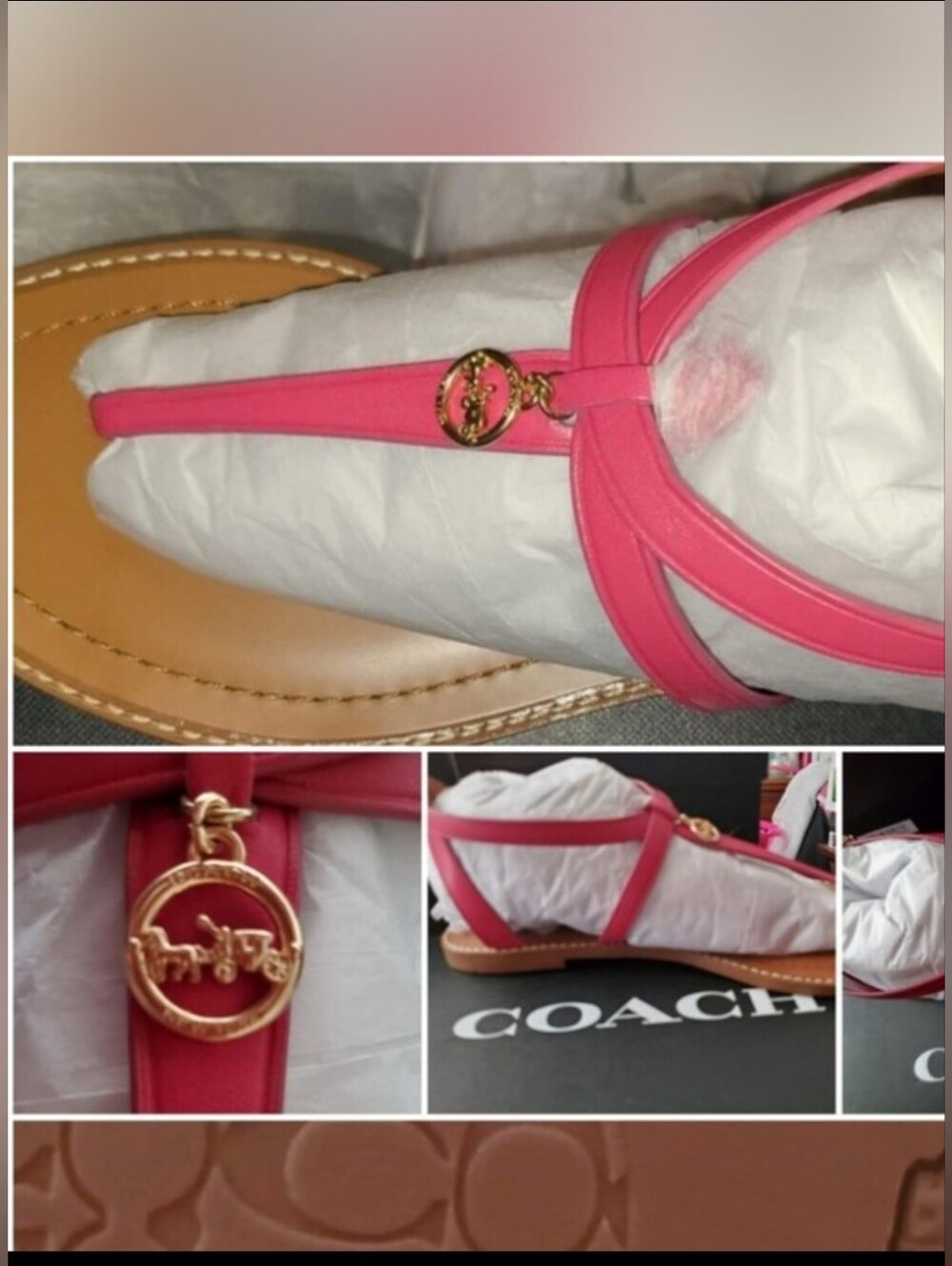 Coach Pink Leather Strappy Thong Sandals with Gold Logo Charm* New & Authentic